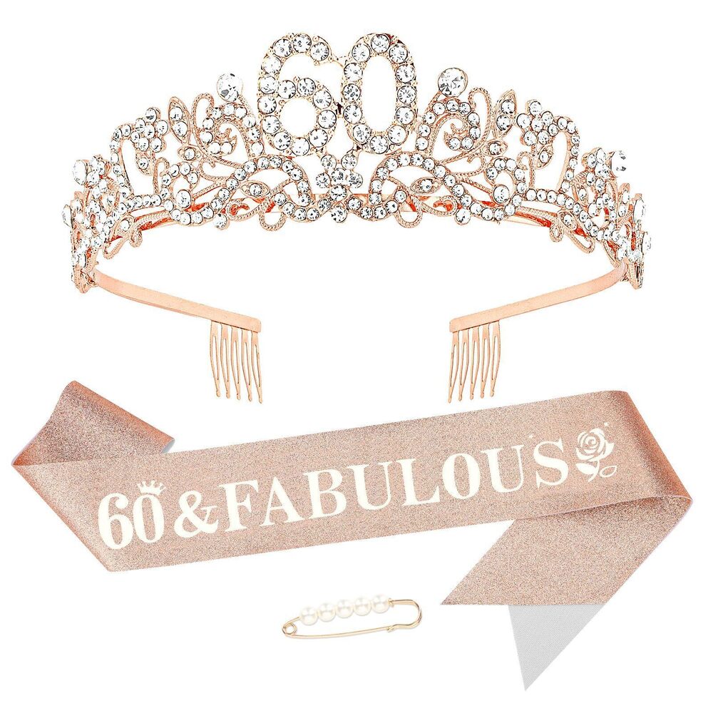 6272 60th Birthday Crown and Sash Rose Gold 60th Birthday Decorations